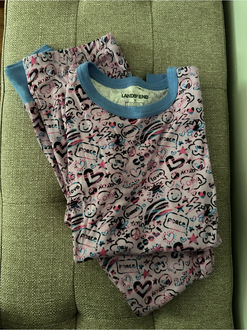 Lands' End Girls' Pink Patterned Heart & Smile Pajama Set with Blue Trim Bundle